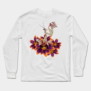 Original White and purple Praying Mantis on orange and Purple Tulips sipping on some Tea. Long Sleeve T-Shirt